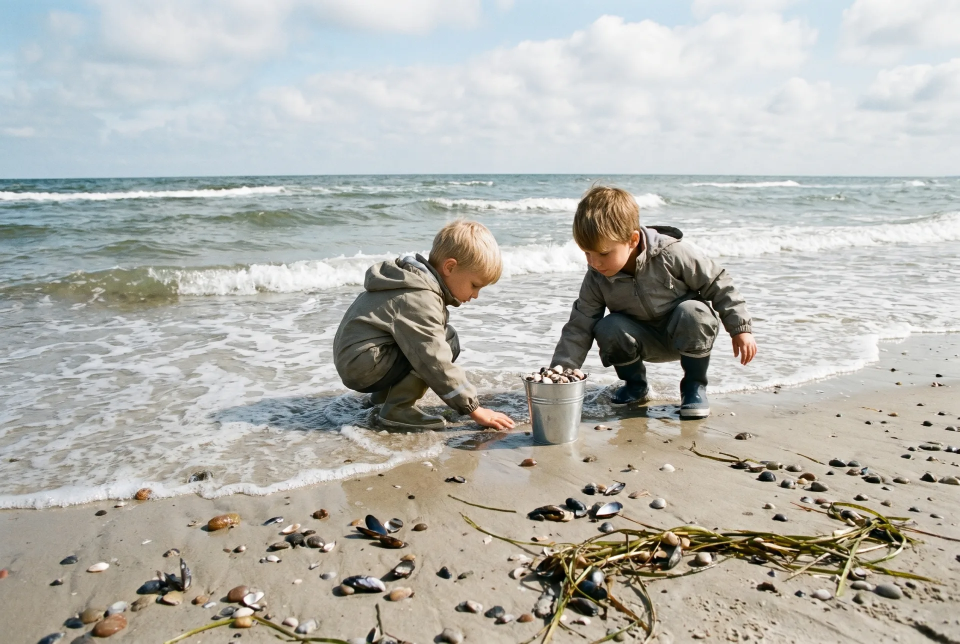 Kinder sammeln Muscheln am Strand